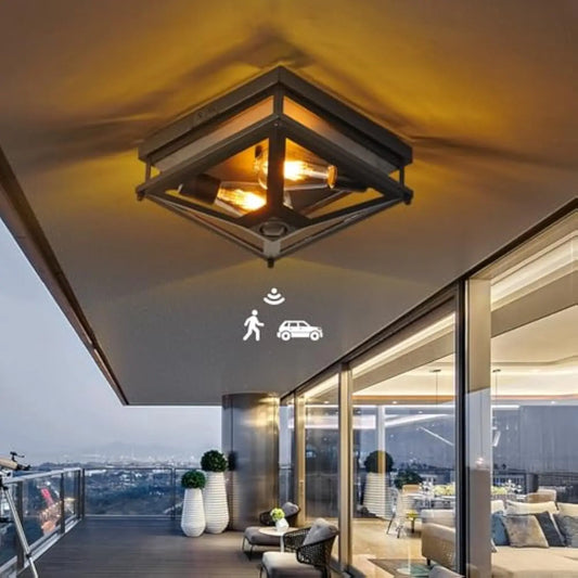 Outdoor Ceiling Light with Motion Sensor, 11'' Porch Flush Mount Ceiling Light with Clear Glass, Matte Black Industrial Iron Li