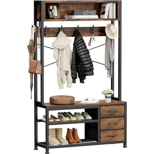 Hall Tree with Bench and Shoe Storage, 31.5" Coat Rack Freestanding with 2-Tier Storage Shelf, 6-in-1 Entryway Bench Coat