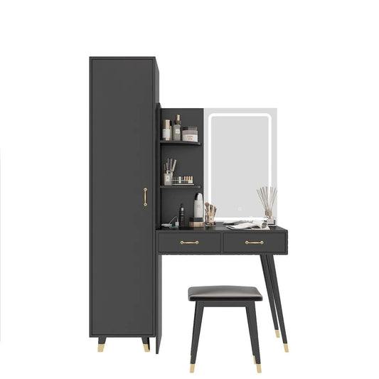 Bedroom Vanity Makeup Dressing Table Set with Led Lights with Wardrobe Armoires