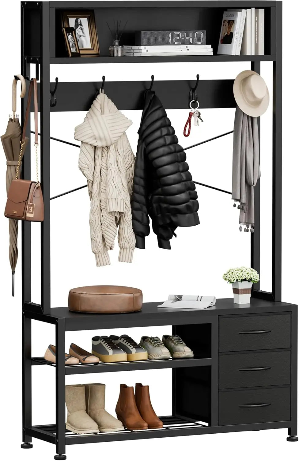 Hall Tree with Bench and Shoe Storage, 31.5" Coat Rack Freestanding with 2-Tier Storage Shelf, 6-in-1 Entryway Bench Coat
