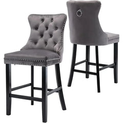 Counter Height Bar Chairs Set of 2, 27" Modern Velvet Bar Stools with Button Decor, Nailhead Trim, Solid Wooden Legs, Beige