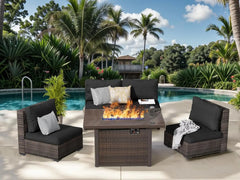 10 Piece Patio Furniture Set with 42In Fire Pit Table， Outdoor Furniture Sets Rattan Sectional Couch Outdoor Chairs