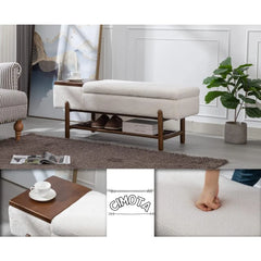 Entryway Storage Bench for Bedroom Sherpa End of Bed Upholstered Ottoman Bench with Wood Shoe Storage/Coffee Table for Living R