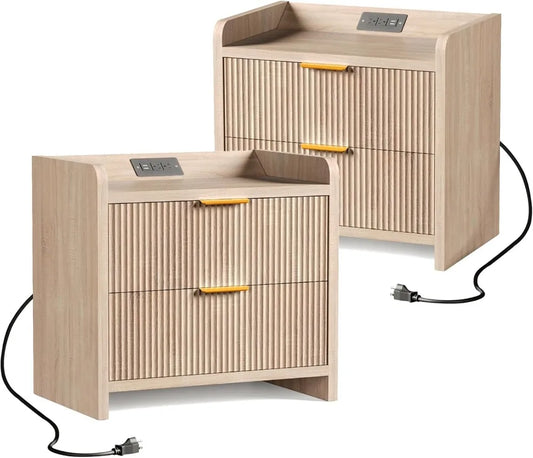Fluted Nightstand Set of 2, 23.6" Night Stand with Charging Station,Modern Side Table with 2 Drawers,Bedside Table for Bedroom,