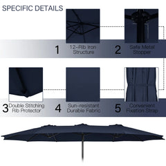 15FT Double-Sided Twin Patio Umbrella Sun Shade Outdoor Crank Market Base Navy