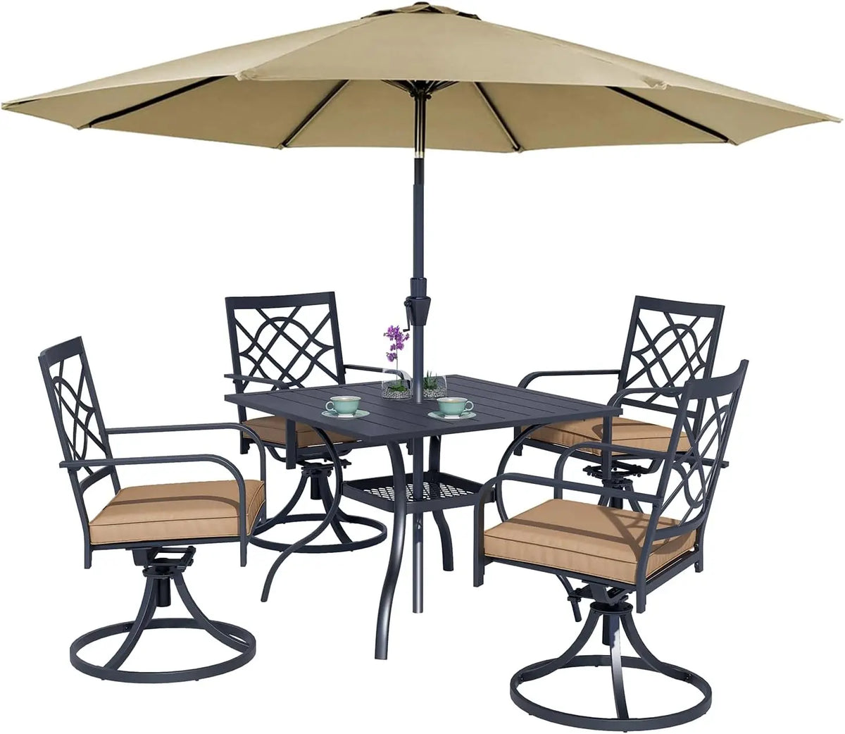 5-Piece Metal Outdoor Patio Furniture Outdoor Dining Set with Brown Umbrella, 4 Metal Swivel Chairs and Square Dining Table