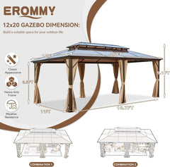 12' x 20' Gazebo Polycarbonate Double Roof Canopy with Aluminum Frame, Outdoor Permanent Metal Pavilion with Netting
