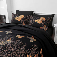 7 Piece Bed in a Bag King Size Comforter Set Black Bedding,Gold Butterfly Leaves Printed on Black Reversible Duvet Cover Set