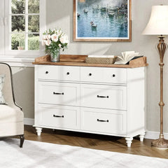 3 Piece Dresser and Nightstand Sets, White Dresser & Chests of Drawers with 6 Drawers and Metal Handle