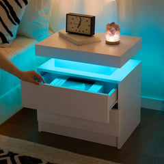 Nightstand LED Bedside Table for Bedroom Modern Night Stand with 2 Wood Drawers End Side Table for Bedroom