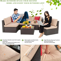 6 Piece Small Patio Furniture Sets, All Weather PE Wicker Rattan Outdoor Sectional Sofa with Glass Table, Cushions and Pillows