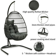 Swing Chair with Stand, Foldable Rattan Wicker Hanging Egg Chair Hammock Chair with Cushion and Pillow for Patio Garden