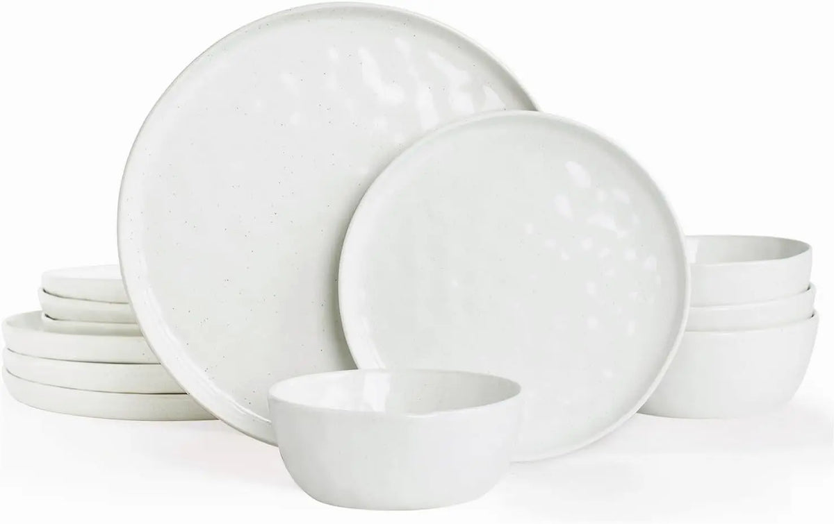 Dinnerware Sets for 4, Ocean Round 12-Piece Kitchen Plates and Bowls Sets, Reactive Glaze, Microwave and Dishwasher Safe,