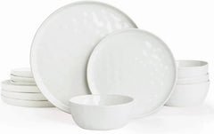 Dinnerware Sets for 4, Ocean Round 12-Piece Kitchen Plates and Bowls Sets, Reactive Glaze, Microwave and Dishwasher Safe,