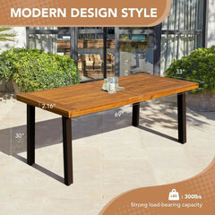 Home Acacia Wood Dining Table 6-Person Indoor Outdoor Table with Iron Legs, Sandblast Finish, Natural Stained, Rustic Met
