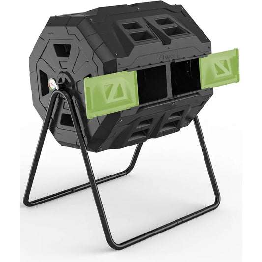 Tumbling Composter with Compost Thermometer - Dual Chamber Garden Compost Bin(43 Gal, Green)