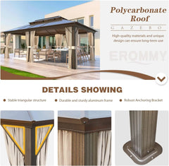 12' x 20' Gazebo Polycarbonate Double Roof Canopy with Aluminum Frame, Outdoor Permanent Metal Pavilion with Netting
