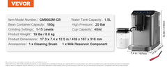 SucceBuy Automatic Espresso Machine Coffee Latte Machine with Color Touch Screen 15 Grinding Levels and Removable Milk Reservoir