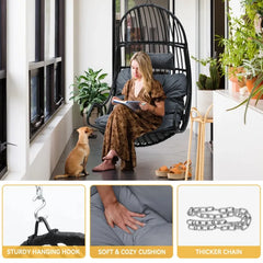 Swing Egg Chair, Indoor/Outdoor Egg Swing Hammock Chair with Iron Chain, Cushion, Headrest, Hanging Egg Chair for Porch, Gray