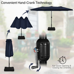 15FT Double-Sided Twin Patio Umbrella Sun Shade Outdoor Crank Market Base Navy
