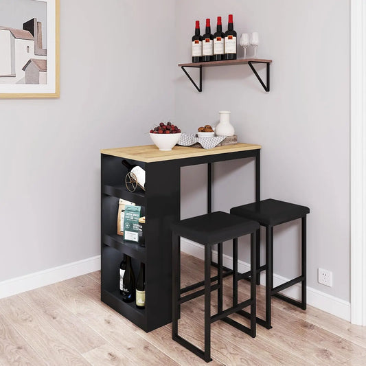 3 Piece Dining Table with 3 Storage Shelves Bar Table and Small Kitchen Table Set for 2 Wooden Counter Height Table Set for Kitc