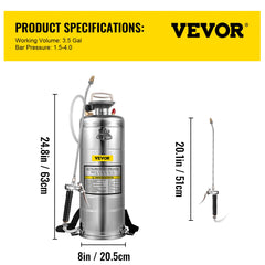 VEVOR 2Gal Stainless Steel Sprayer Hand Pump Sprayer with Pressure Gauge&Safety Valve Adjustable Nozzle for Gardening Sanitizing