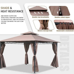 10 'x13' Outdoor terrace Terrace Heavy steel frame canopy, double roof, Privacy curtains (brown)
