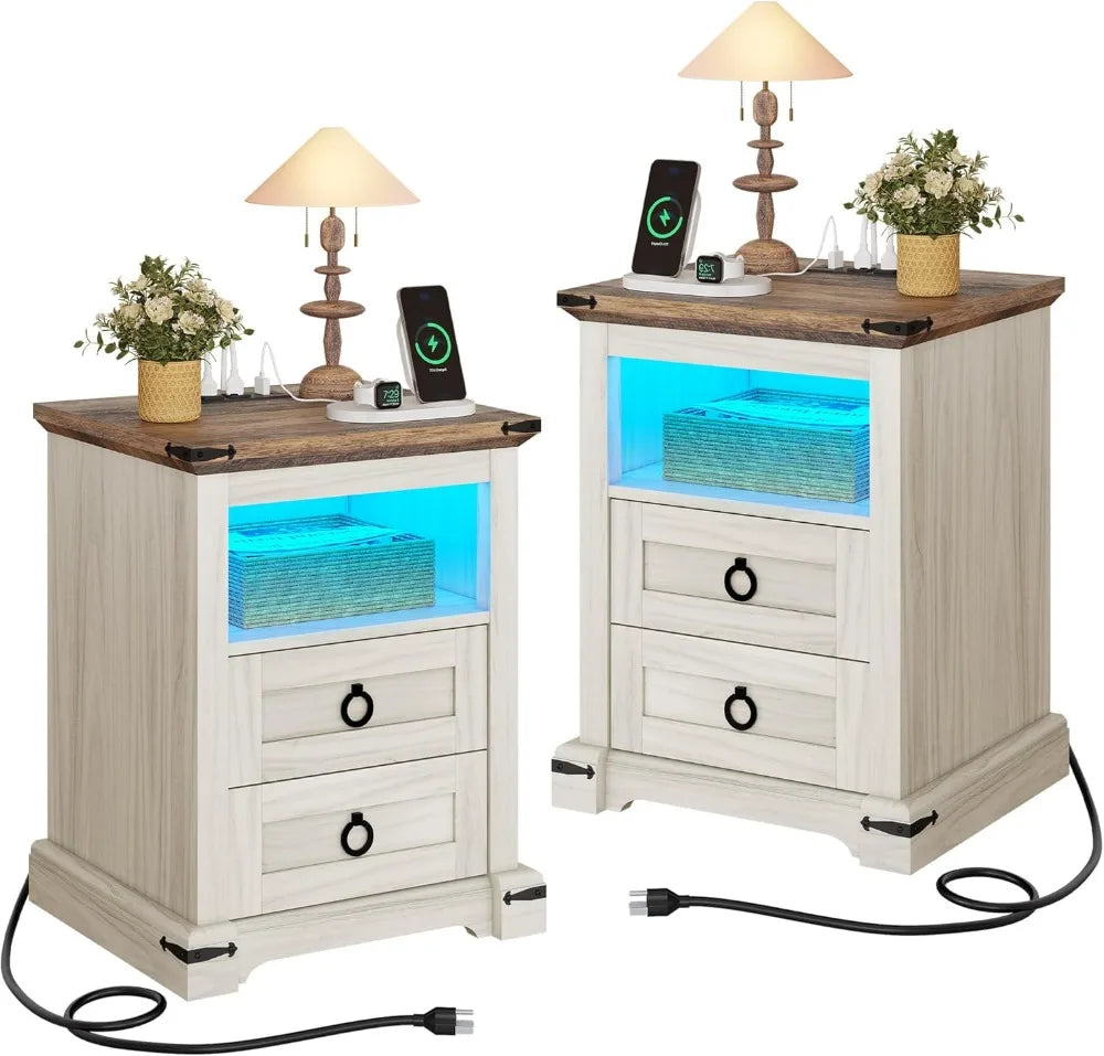 Nightstand with Charging Station, 2 Drawers Night Stand for Bedroom, LED End Table Side Table w/Open Shelf, Off White+ Grain