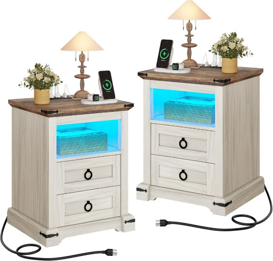 Nightstand with Charging Station, 2 Drawers Night Stand for Bedroom, LED End Table Side Table w/Open Shelf, Off White+ Grain