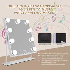 Lighted Vanity Mirror with Bluetooth Speaker & Wireless Charging, 3 Color Modes, 9 Dimmable Bulbs