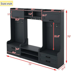Wide Hall Tree with Storage Bench, Wood Coat Rack with Cabinet and 7 Hooks, Mudroom Organizer with Shoes Storage Cubbies