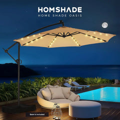 10ft Solar Lights Offset Cantilever Patio Umbrella - with Light and Base, LED Lighted Offset Hanging Patio Outdoor Market