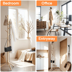 Coat Rack Stand with 3 Height Options and 8 Hooks Wooden Freestanding Coat Rack for Home, Office, Entryway, Hallway