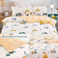 Kids Duvet Cover Set Full Size, Cotton Cartoon Car Truck Bedding Set for Boys Girls, 3 Pieces Soft Breathable White Yellow Plaid