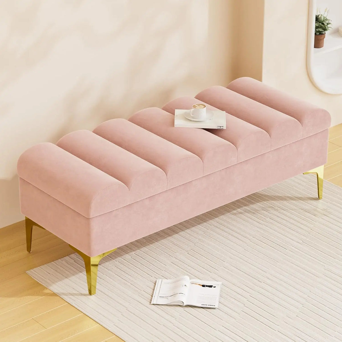 Storage Ottoman Bench for Bedroom with 420lbs Seating, 51.5" Upholstered Storage Bench End of Bed Storage Bench with Gold Legs