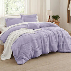 Bedsure King Comforter Set - 4 Pieces Grid Pleat Bed Set, Beige Boho Bedding for All Season, 1 Soft Comforter, 2 Pillowcases, 1