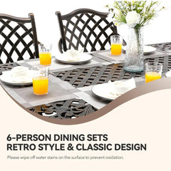 7 Piece Cast Aluminum Outdoor Dining Set Retro Patio Dining Set for 6 Includes  Rectangular Table and 6 Chairs with Removable