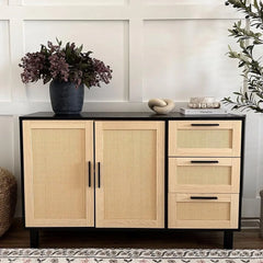 Rattan Cabinet with Doors - Buffet Sideboard Cabinet with Drawers Credenza, 3 Door Storage Cabinet