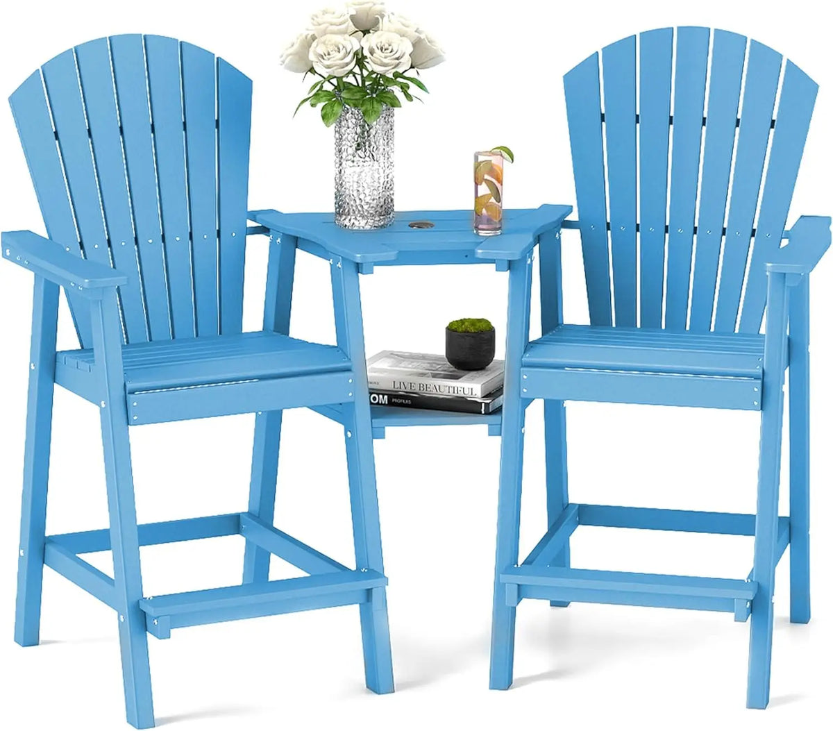 Tall Adirondack Chairs Set of 2,Recycled Poly Balcony Chair with Double Connecting Tray Patio Stools Weather Resistant