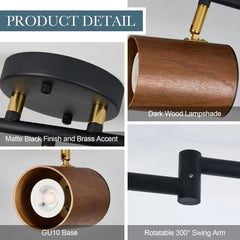 Modern 6-light track lighting, 47-inch, natural wood adjustable cap, brass accent, matte black ceiling track light