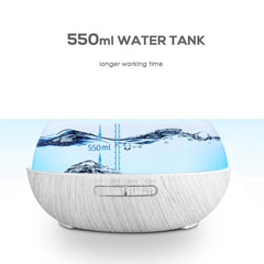 Ultra Quiet 550ml Aroma Diffuser  Wood Texture Finish   7 Color LED Night Light  Remote Control Humidifier +  6 Essential Oils