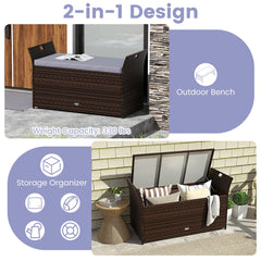 Outdoor Bench with Hand-woven PE Rattan Wicker Cushion & Side Handles Storage