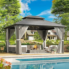 10x12 FT Hardtop Gazebo with Aluminum Frame, Galvanized Steel Double Roof Gazebo with Nettings and Curtains, Permanent Outdoor