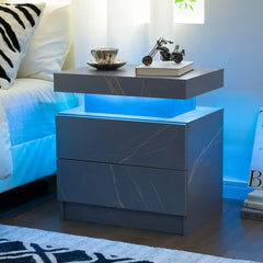Nightstand LED Bedside Table for Bedroom Modern Night Stand with 2 Wood Drawers End Side Table for Bedroom