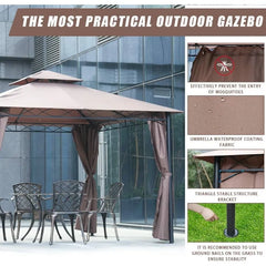 10 'x13' Outdoor terrace Terrace Heavy steel frame canopy, double roof, Privacy curtains (brown)