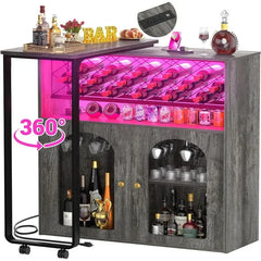 Rotating Wine Bar Cabinet, Tall Home Bar with LED Lights & Power Outlets, Liquor Bar Cabinet with Wine Rack &