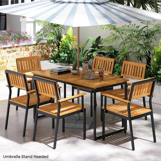 7 Piece Outdoor Dining Set for 6, Wood Rectangular Dining Table & 6 Armchairs w/Metal Frame, Umbrella Hole, Dining Furniture Set