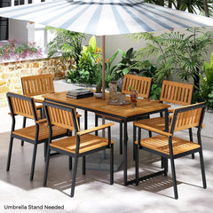 7 Piece Outdoor Dining Set for 6, Wood Rectangular Dining Table & 6 Armchairs w/Metal Frame, Umbrella Hole, Dining Furniture Set