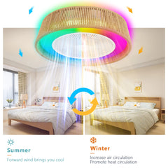 21" Modern Rustic Ceiling Fan Light with LED RGB Mood Lighting, Rope Woven Design, Quiet Fan, Semi Flush Mount for Bedroom