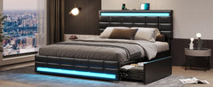 Queen Bed Frame with Drawers, LED Bed Frame with Charging Station, Pu Leather Platform Bed Frame Queen Size with Storage